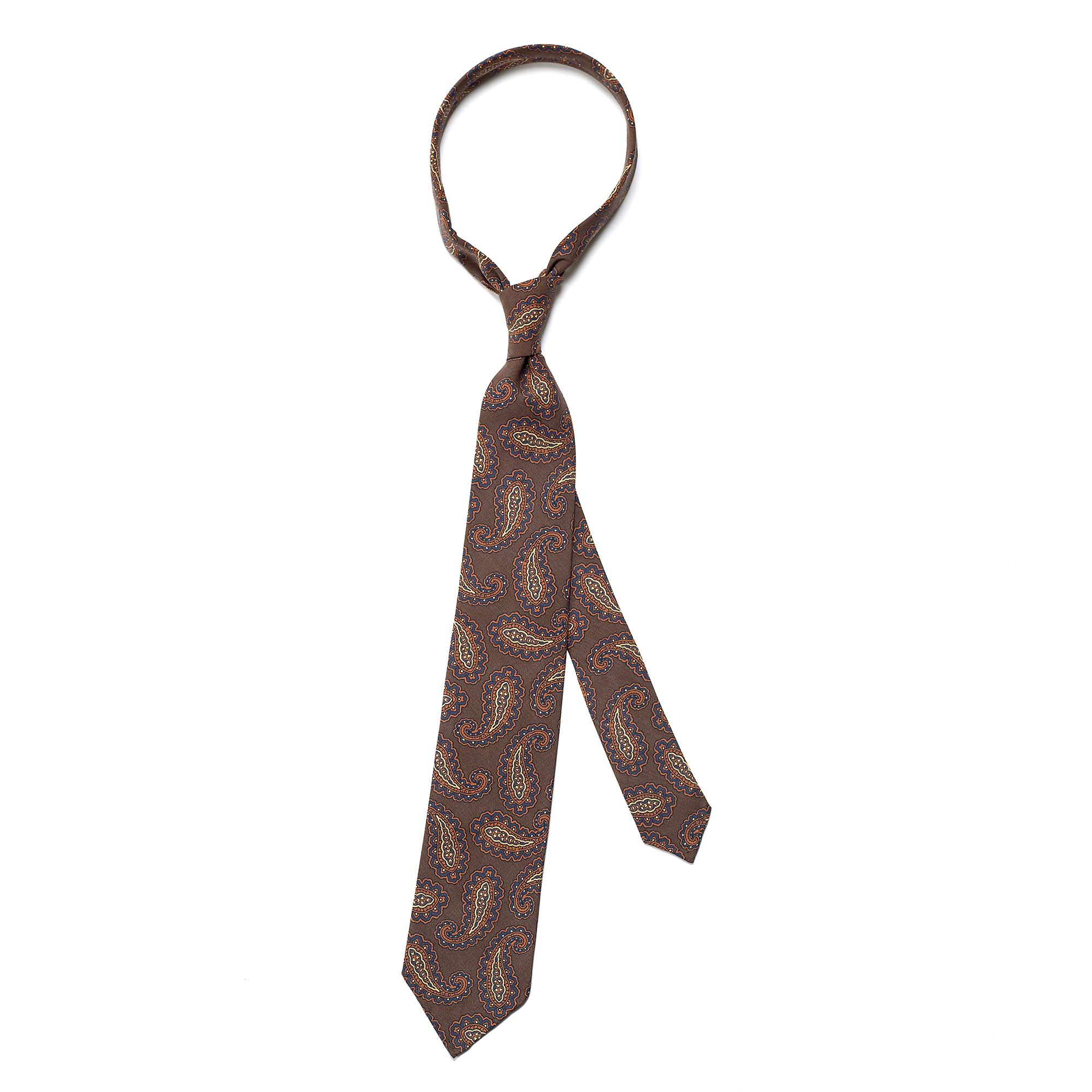 Brown 5-fold paisley pattern soft silk tie