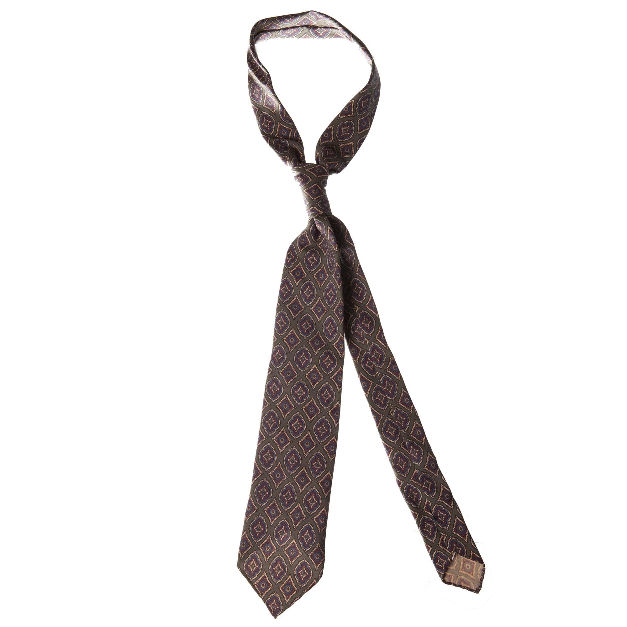 Green 7-fold medallion motif soft silk tie