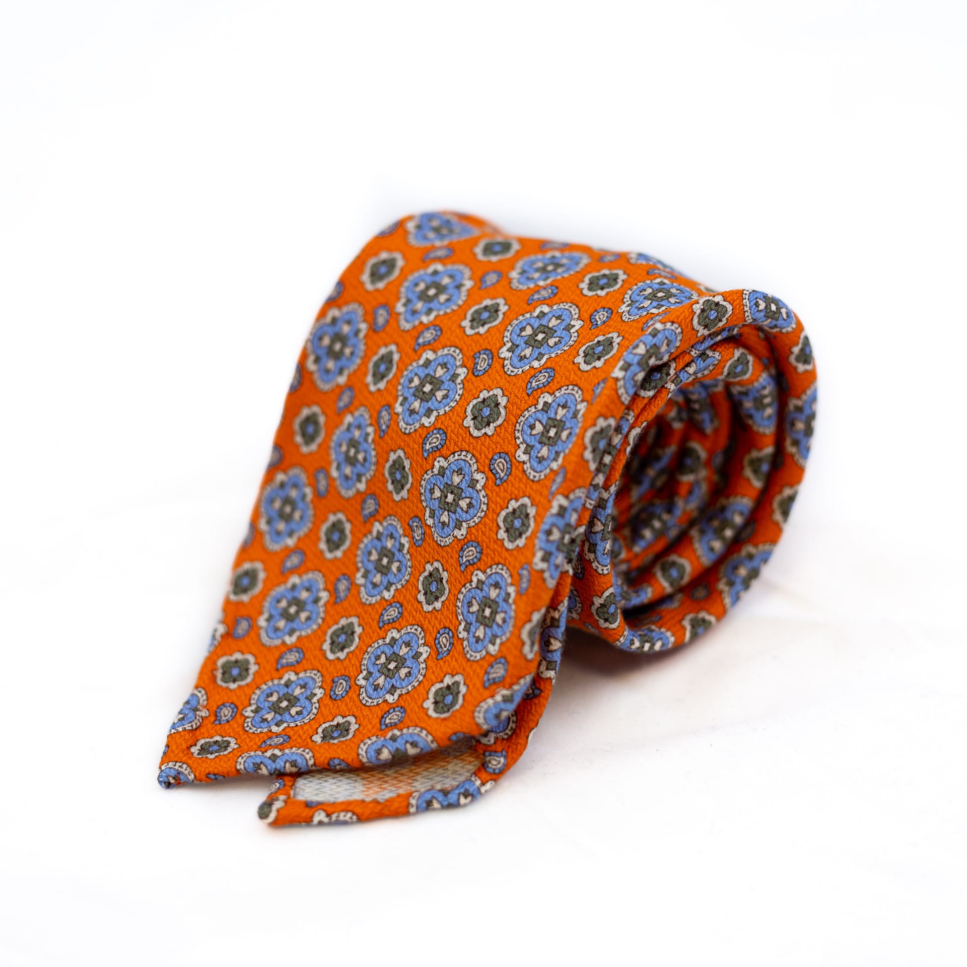 Orange 5-fold printed soft silk tie folded